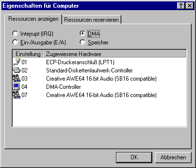 Beispiel einer DMA-Kanal Belegung unter Win9x