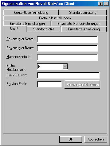 Eigenschaftsseite des Netware-Clienten