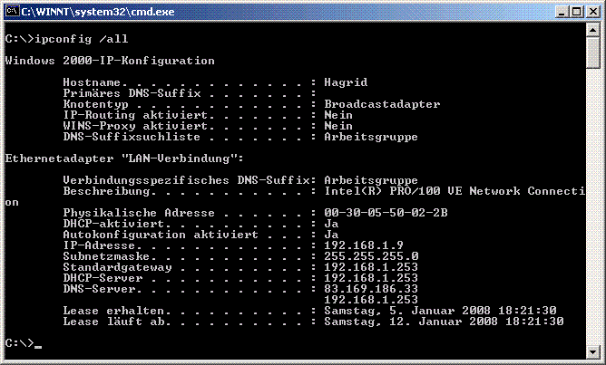 Konsolenbefehl ipconfig